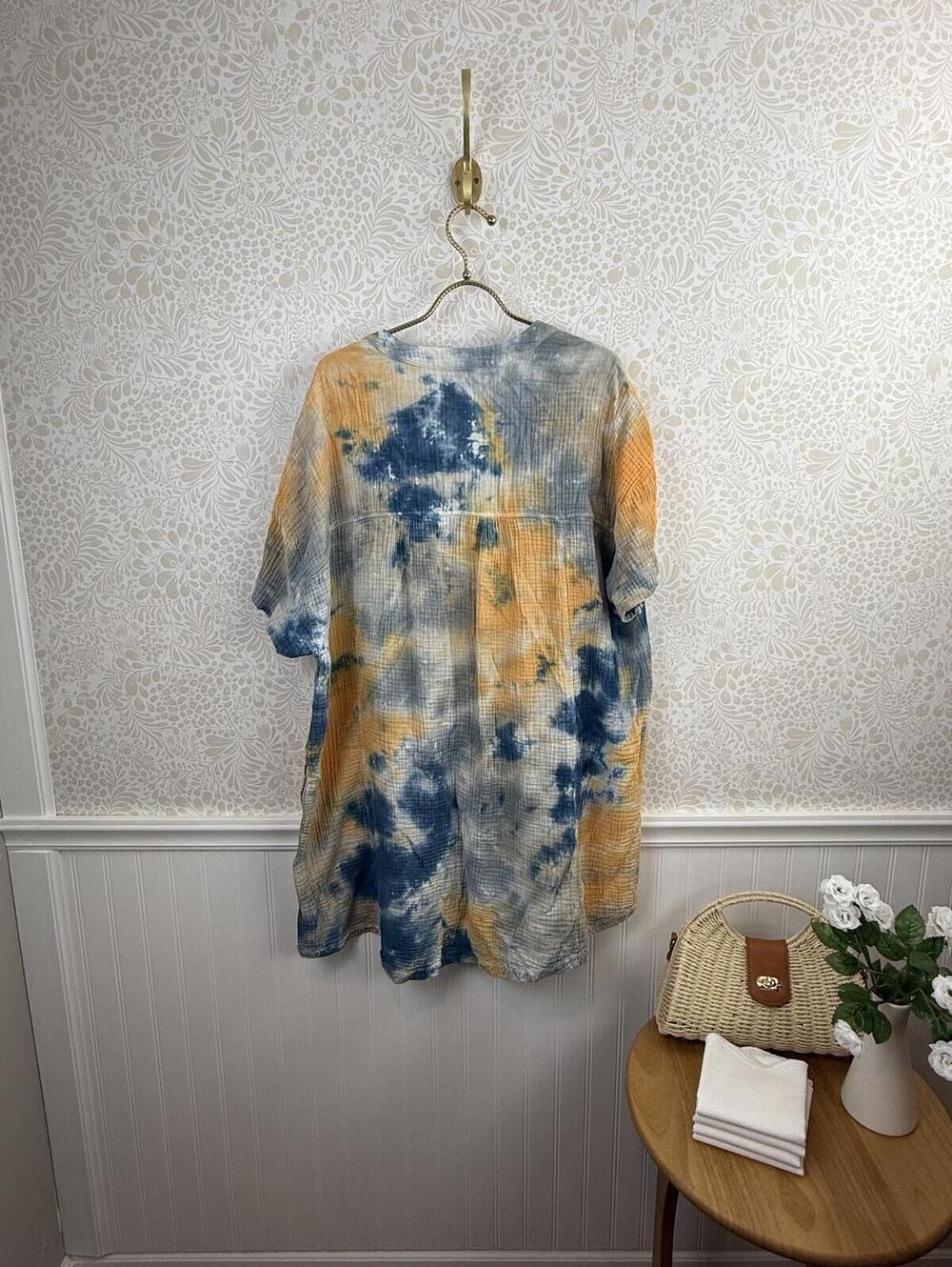 Easel 100% Cotton Oversized Blue Tie-Dye Short Sleeve Dress - Size - Large - Picture 5 of 6